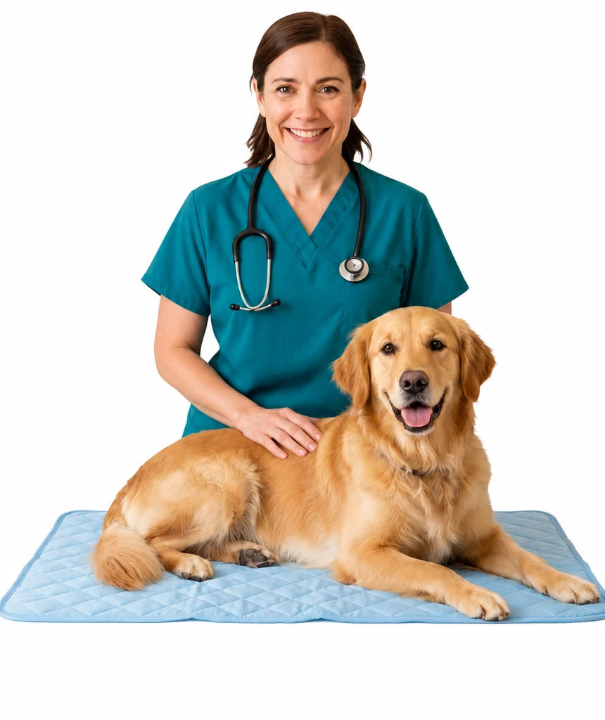 Vétérinaire aux côtés d'un chien installé sur le tapis Velora CoolMat